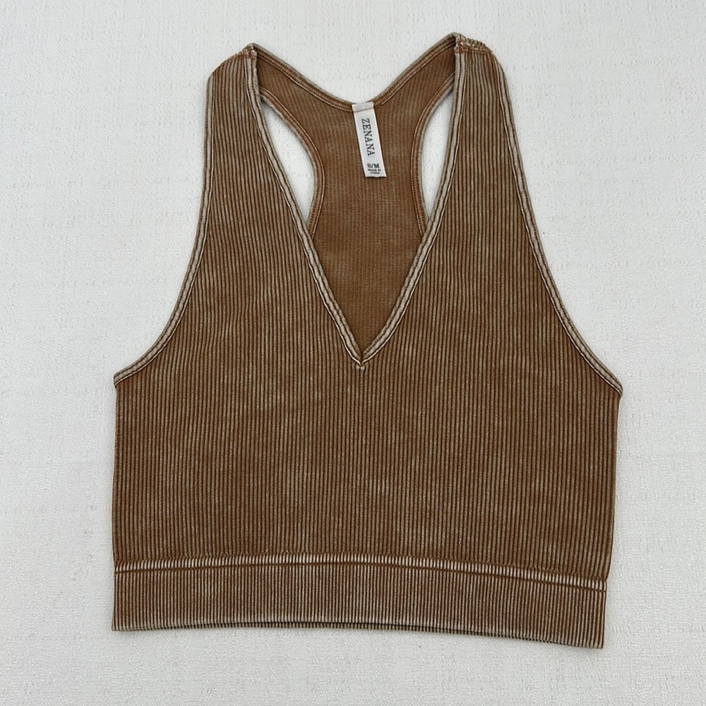 Deep Camel Stone Washed Cropped Ribbed Racerback Tank by Zenana - Picture 2 of 9